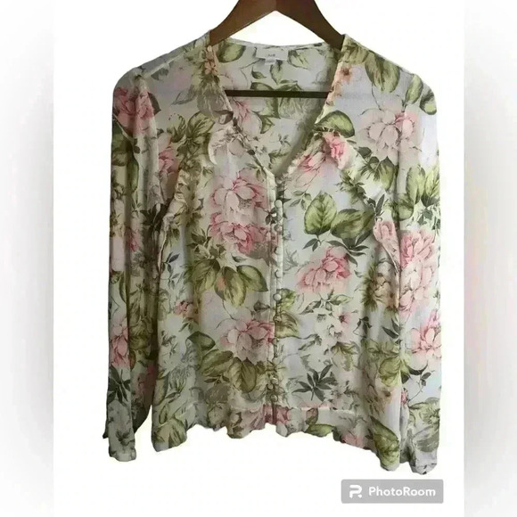 J. Jill Tops - J Jill Ladies White Floral Ruffled Silky Blouse Small button up.